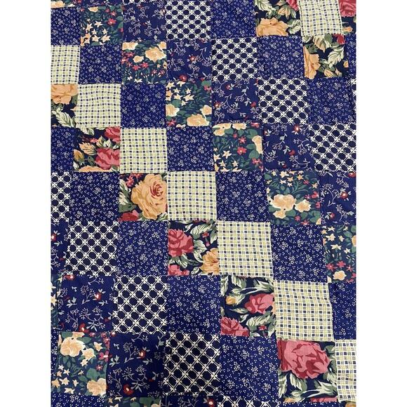 STUNNING Quilt 98"x86" Navy Blue Floral Postage Stamp Diamond Handmade Vintage - Picture 6 of 15